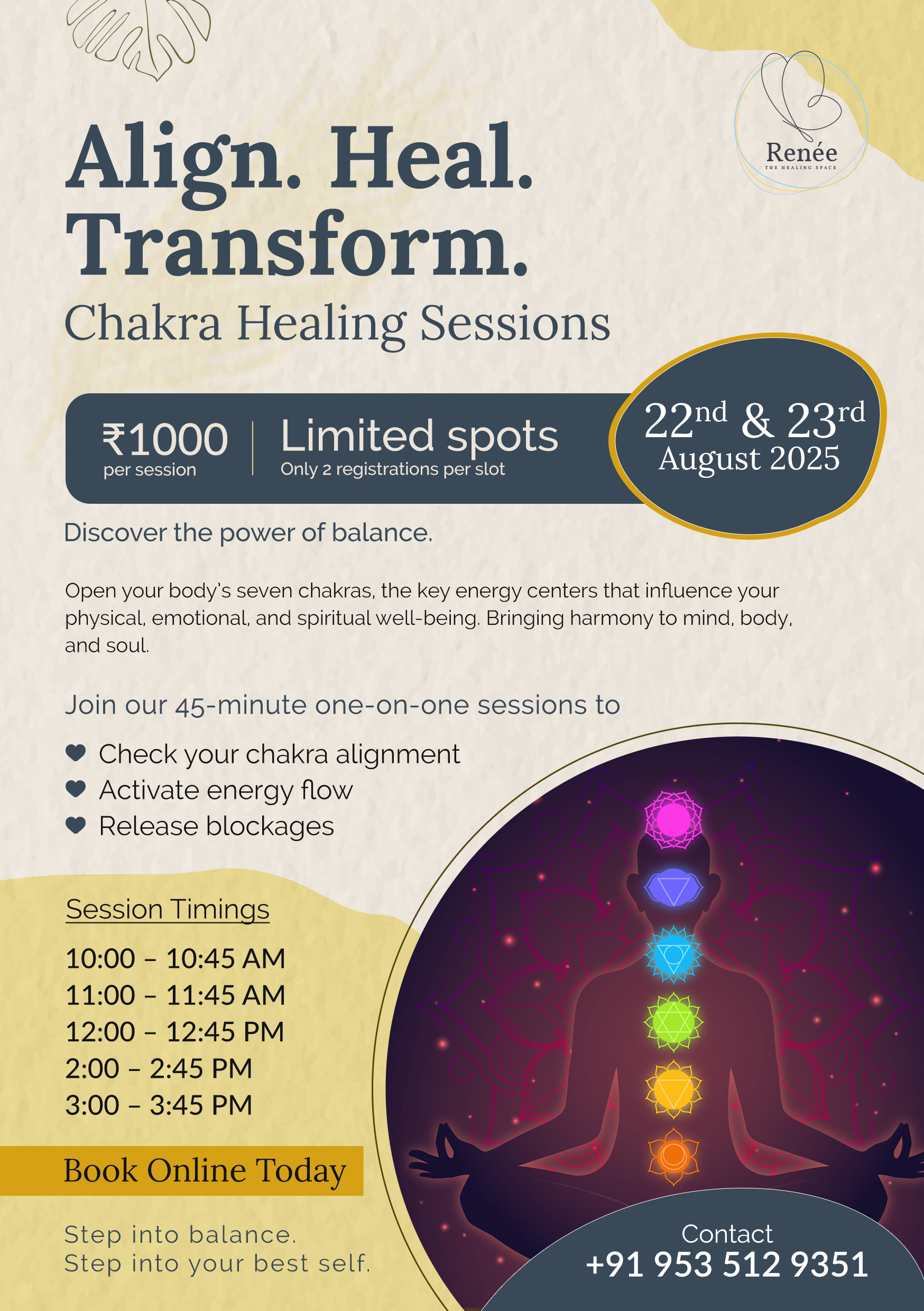 Align. Heal. Transform – Chakra Healing Sessions at Renee Counselling Healing Space 22-23 August 2025